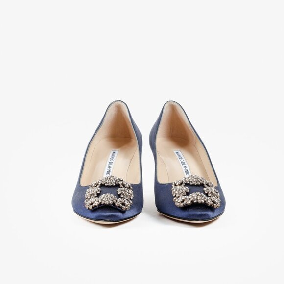Manolo Blahnik Hangisi Blue Satin Jewel Pumps - Picture 2 of 9